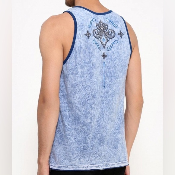 Affliction Mens Small Blue Reversible Gothic Graphic Tank Top - Picture 2 of 8
